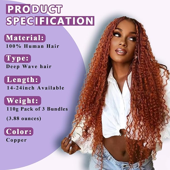 Human Braiding Hair For Boho Braids Deep Water Wave Human Bulk Hair for Braiding 12A Brazilian Virgin Human Hair Extensions for Boho Braids 3 Bundles/Pack 110g Copper 22inch