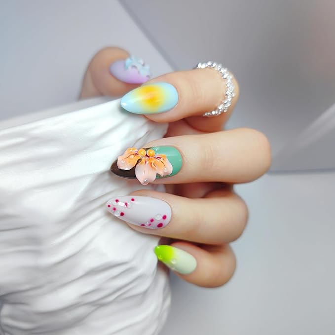 Almond Press on Nails Handmade Medium Long/Stiletto 3D Flower Fake Nail with Designs, Women Reusable False Nails (Floral Multicolor, M)