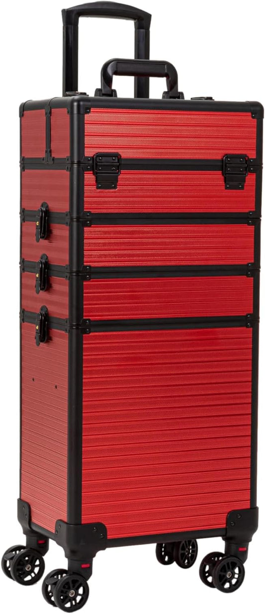 4 in 1 Portable Traveling Aluminum Professional Makeup Trolley Cart with Multiple-Sized Compartments and Wheels (Black with red)