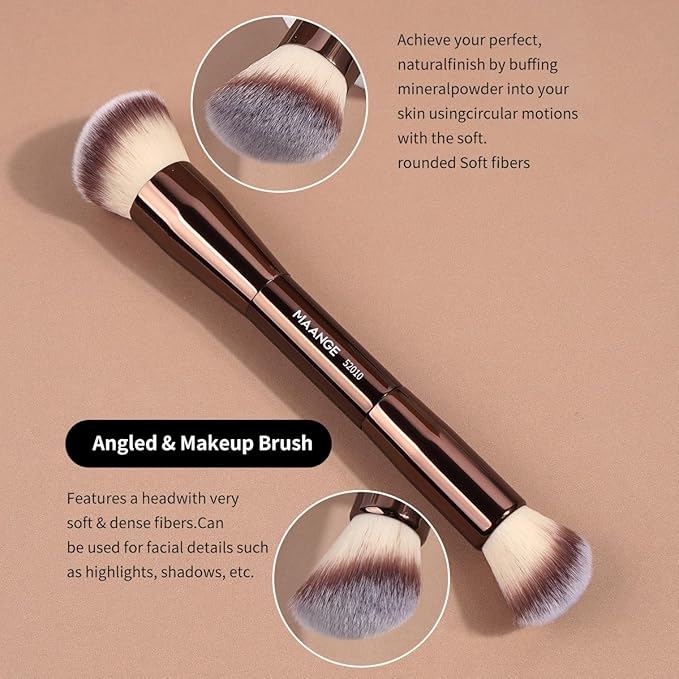 MAANGE 10 Pcs Makeup Brush Set Double-ended Kabuki Brush Travel Makeup Brushes for Foundation Powder Concealers Eye Shadows Makeup Tools Set with LED Light Mirror (Coffee Brown)