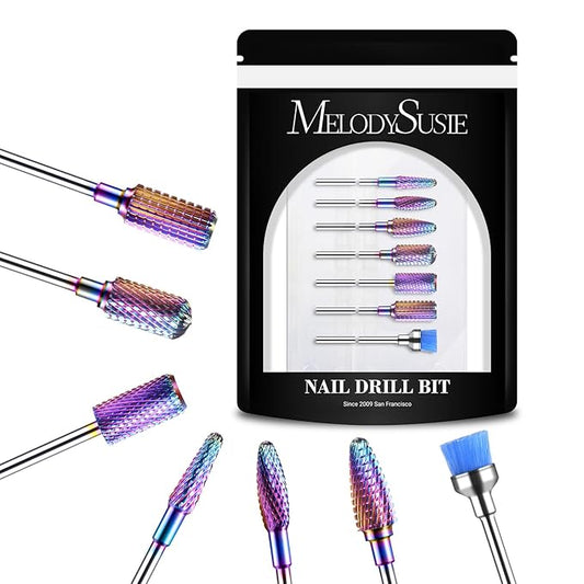 MelodySusie Nail Drill Bits Set, 7pcs Tungsten Carbide Diamond Nail Drill Bits for Acrylic Nails Poly Gel Cuticle Remove, 3/32'' Professional Nail Bits for Nail Drill Efile (A-Colorful)