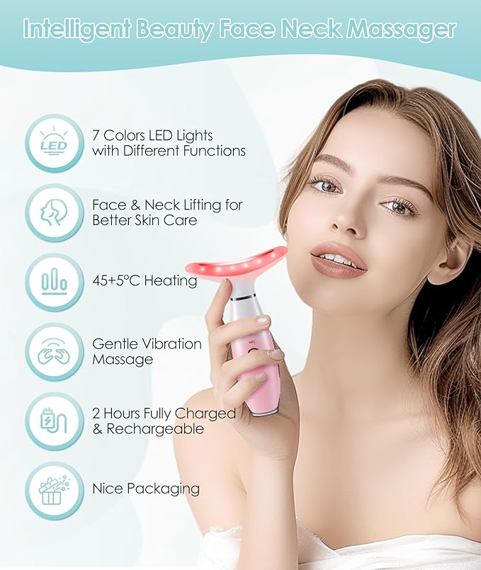 7 Color Neck Face Massager - Facial Massager Tool for Skin Care at Home, Vibrating Face Massager with Thermals, Pink