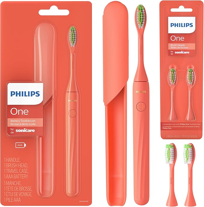 Philips One by Sonicare Battery Toothbrush, Brush Head Bundle, Miami Coral, BD1001/AZ