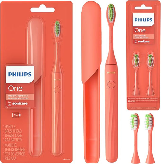 Philips One by Sonicare Battery Toothbrush, Brush Head Bundle, Miami Coral, BD1001/AZ
