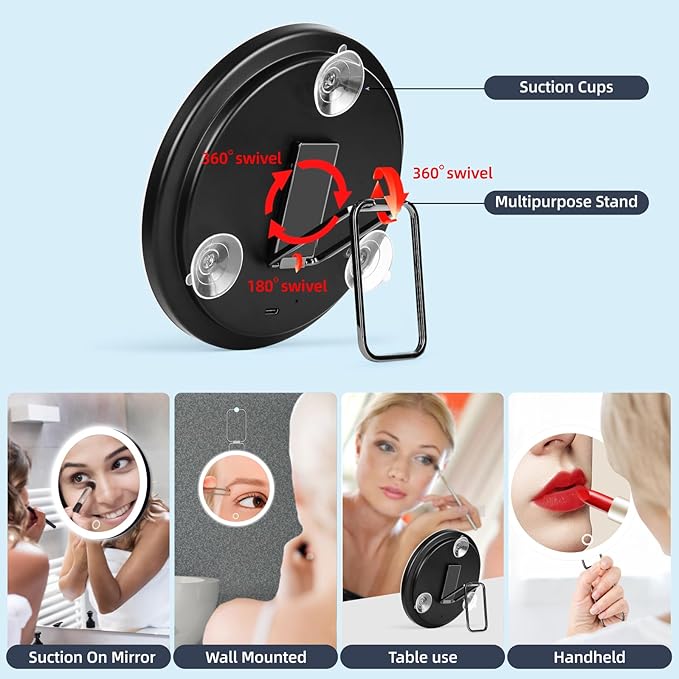 10X Magnifying Mirror with Lights, 6inch Makeup Magnified Mirror 10x Lighted Travel Magnification with 3 Suction Cups and 360° Adjustable Bracket - Includes Tweezers & Scissors
