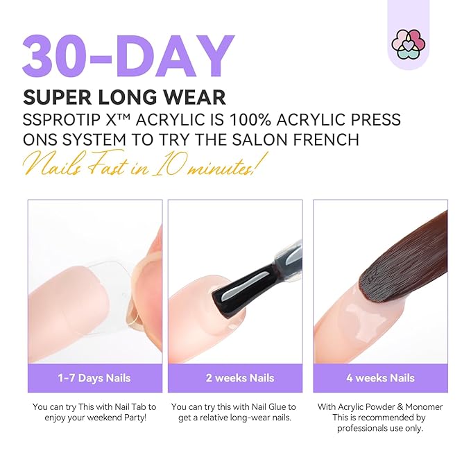 SAVILAND French Tip Acrylic Press On Nails Kit: In-Minute Long Wear & Easy French Acrylic Press-ons & Thick Short Square White Tip 150PCS Pro Acrylic Nail Kit Powder Monomer Liquid 3-Way Salon Gift