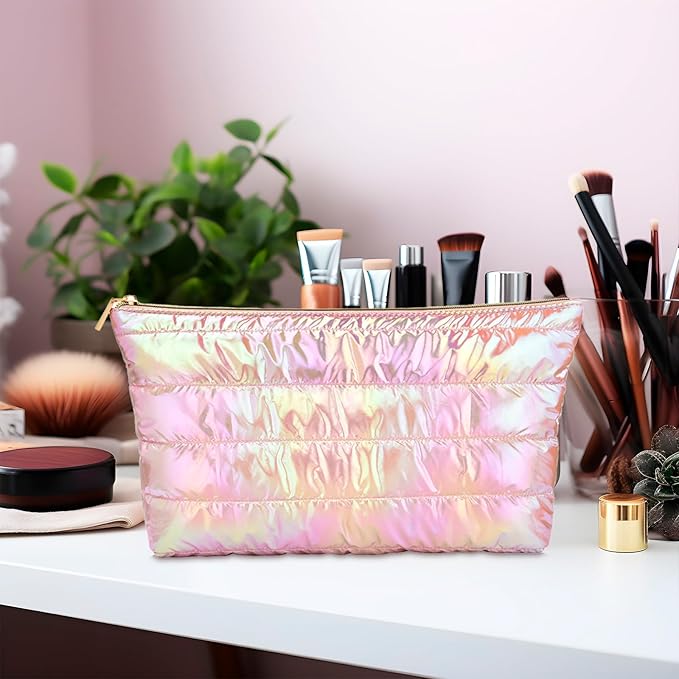 Hiroyuki 3pcs Iridescent Quilted Makeup Bag (plain, pink)