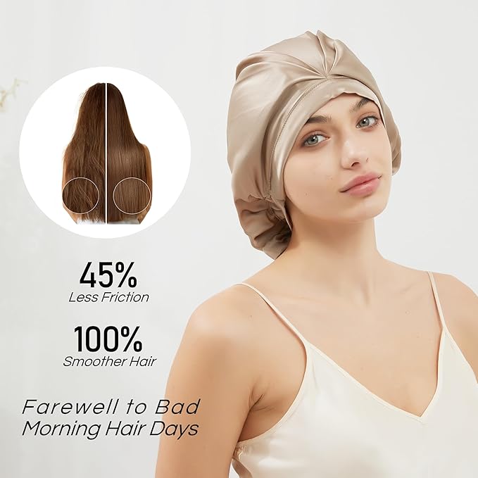 RachelSilk 100% Mulberry Silk Sleep Cap, Grade 6A 19 Momme Silk for Women Hair Care, Silk Night Bonnet with Elastic Stay On Head, Silk Cap After Shower, for Small -Medium Head Size (Taupe)