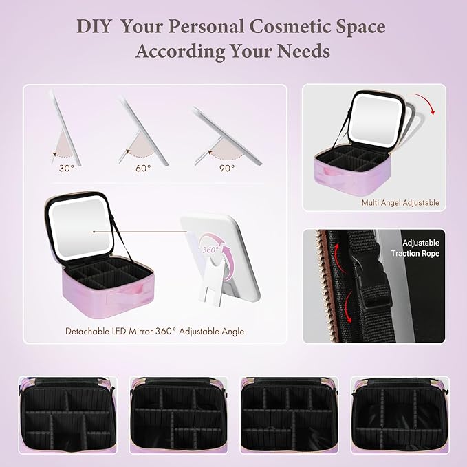 Travel Makeup Bag with LED Lighted Mirror, Cosmetic Makeup Organizer Bag with 3 Color Setting, Makeup Train Case with Adjustable Dividers for Women Makeup Brushes Jewelry Accessories