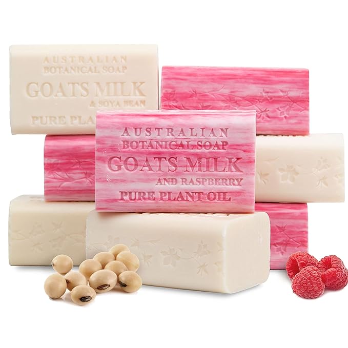Australian Botanical Soap, Classic Goat Milk and Goat's Milk with Raspberry, 6.6 OZ, Triple Milled Bars made with a Natural Soap Base and Enriched with Organic Shea Butter, Pack of 8