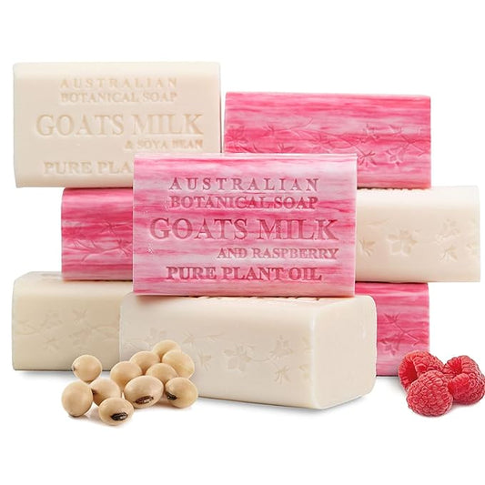Australian Botanical Soap, Classic Goat Milk and Goat's Milk with Raspberry, 6.6 OZ, Triple Milled Bars made with a Natural Soap Base and Enriched with Organic Shea Butter, Pack of 8