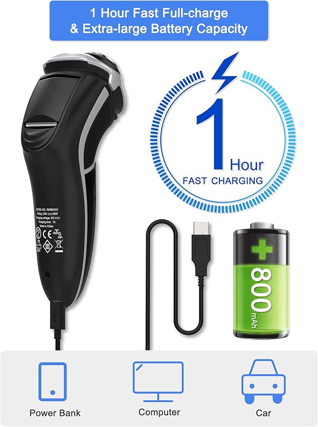 MAX-T Men's Electric Shaver - Corded and Cordless Rechargeable 3D Rotary Shaver Razor for Men with Pop-up Sideburn Trimmer Wet and Dry Painless 100-240V Black (Metal Black)