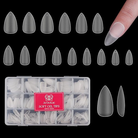 Almond Nail Tips, 360pcs Clear Acrylic Nail Extension Set in 15 Sizes, Matte Medium Almond Full Cover Press on False Nail Tips for DIY Nail Art, Spring Summer DIY Salon Gift