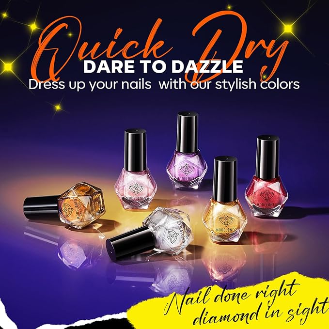 modelones Nail Polish Set 6 Colors, Metallic Mirror Red Pink Gold Silver Purple Chrome Mini Nail Lacquer Kit, Holographic Quick Dry Home DIY Manicure Nail Art Holiday Xmas Gift for Women Girls Party