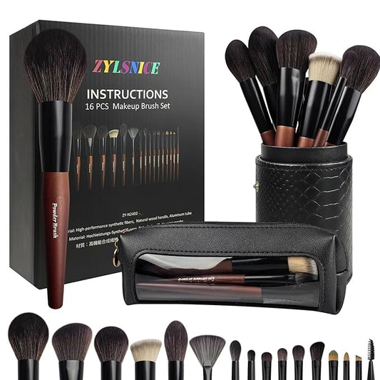 Makeup Brushes 16 Pcs Makeup Brush Set Professional, Wood Handle Travel Make Up Brushes Set with Case, Premium Cruelty-Free Synthetic Fiber Hair Makeup Brush Kit with Holder