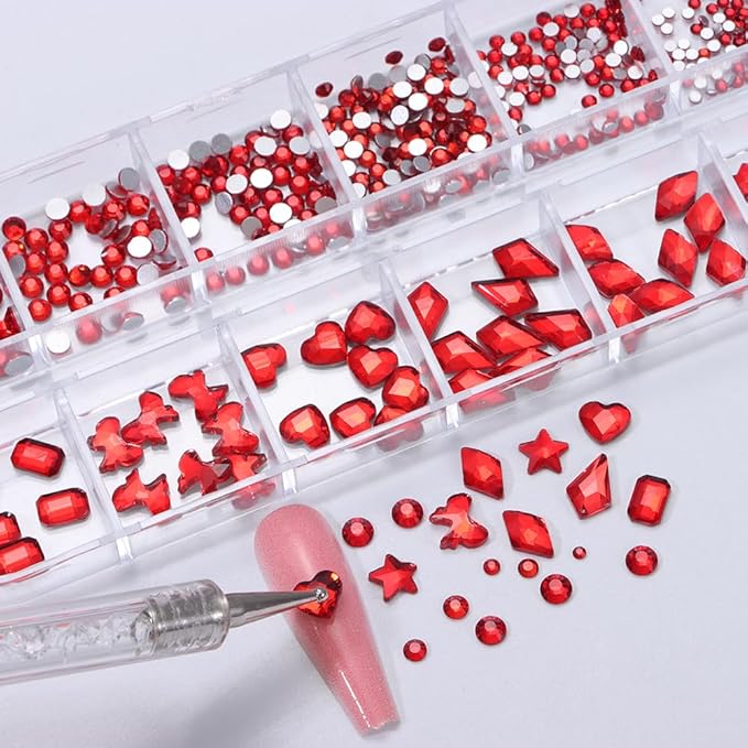 1000Pcs 12Gird Box Multi Size AB/Colorful Irregular Rhinestones Flatback Crystal Diamond Gems, with Pick Up Tweezers and Picker Dotting Pen for Nails, Makeup