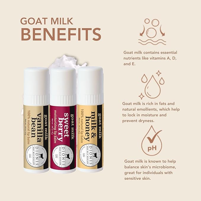 Dionis Goat Milk Skincare Warm & Sweet Lip Balm Gift Set - Beeswax, Shea Butter & Coconut Oil Lip Care Products Made in The USA - Cruelty Free Lip Moisturizer for Dry Chapped Lips, 0.28oz 3 Pack