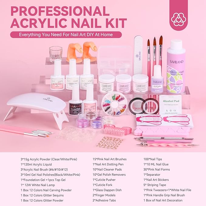 SAVILAND Acrylic Nail Kit with Everything: Nails Kit Acrylic Set For Beginners Gel Polish Kit U V Lamp Nail Decoration Professional Acrylic Nails Kit Starter Full Acrylic Nail Supplies DIY Home Salon