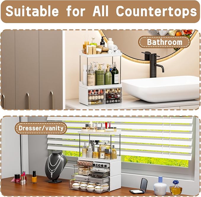 2 Pack Bathroom Organizers and Storage Countertop With 6 Drawers,Stackable Vanity Drawer Organizer,14.4" Tall Large Capacity Skin Care Organizer and Exquisite Cosmetic Storage Box,White