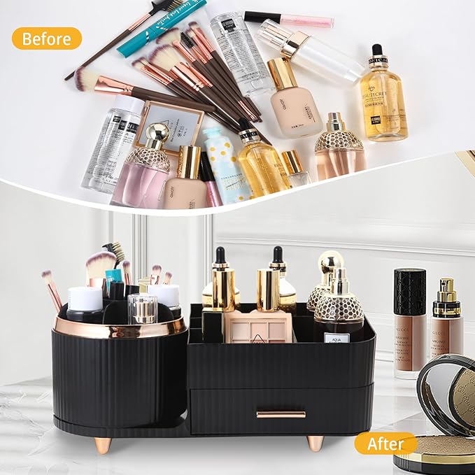 Makeup Organizer Countertop with Drawer 360 Rotating Brush Holder Storage Large Capacity Skincare Cosmetic Display Cases for Vanity Bathroom Desktop, Model 3016 Black