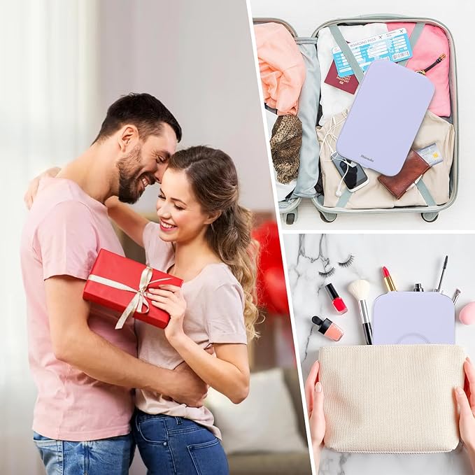 Mocado Travel Makeup Mirro with Lights, 360° Rotation Lighted Makeup Mirror, Portable Mirror with 10x Magnification, 60LEDs 3 Color Lightings, Dimmable Touch Screen, Tabletop Light up Mirror(Purple)