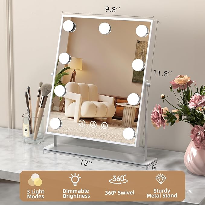 COSMIRROR Hollywood Makeup Mirror with Lights, Lighted Vanity Mirror with 9 Dimmable Bulbs and 3 Color Lighting Modes, Smart Touch Control, Plug in Light Up Mirror (White)