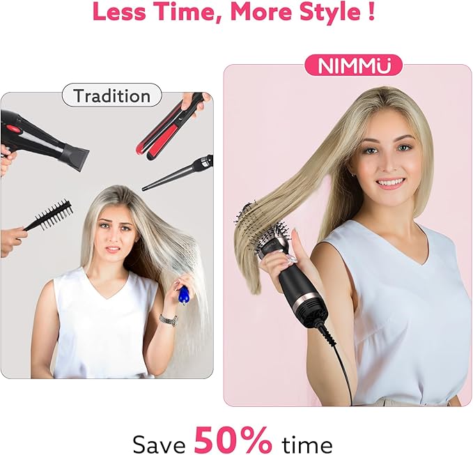 Nimmu Hair Dryer Brush Blow Dryer Brush in One, 4 in 1 Hair Dryer and Styler Volumizer for Drying Straightening Curling Volumizing Hair, Upgraded Hot Air Brush with 2.4” Oval Barrel, Black Gold