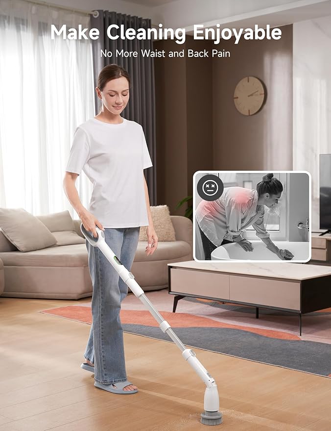 HiCOZY Electric Spin Scrubber HS1 Pro, Shower Scrubber with 2024 New Upgraded Voice Prompt LED Smart Display, Cleaning Brush with 4 Adjustable Speeds, 6 Replaceable Brush Heads Light White