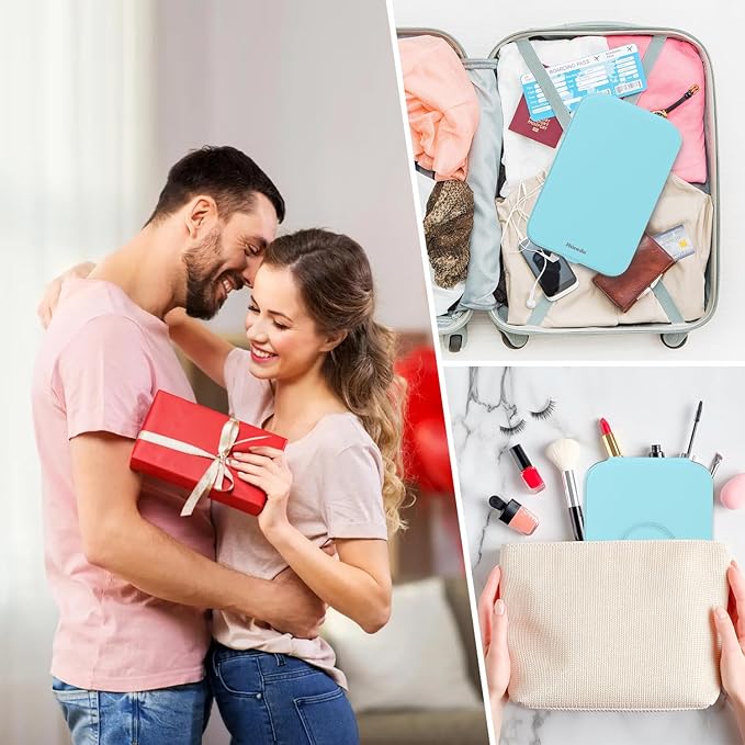 Mocado Travel Makeup Mirro with Lights, 360° Rotation Lighted Makeup Mirror, Portable Mirror with 10x Magnification, 60LEDs 3 Color Lightings, Dimmable Touch Screen, Tabletop Light up Mirror(Blue)