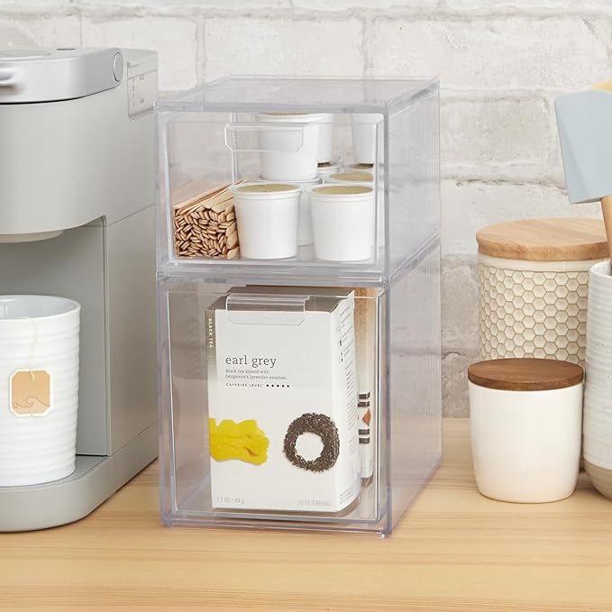 STORi Audrey Stackable Clear Bin Plastic Organizer Drawers | 2 Piece Set | Organize Cosmetics and Beauty Supplies on a Vanity | Made in USA