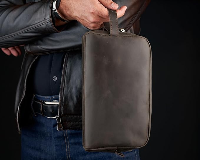 Awesometik Mens Travel Bag Toiletries Organizer Case for Grooming, Toiletry Bag for Men, Travel Essentials Shaving Dopp Kit, Geniune Leather Water Resistant Cosmetic Bag Pouch (Dark Brown)