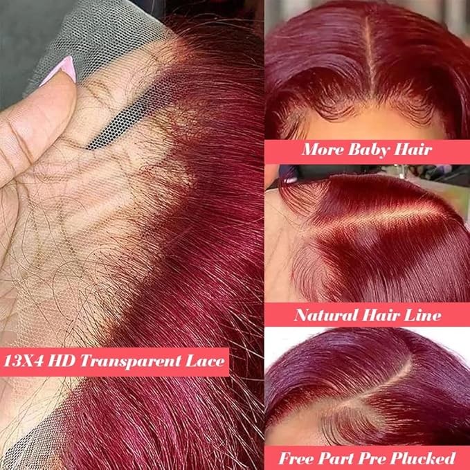 99j Burgundy Bob Wig Human HaIr Wigs 13x4 Lace Front Wigs for Black Women Straight Burgundy Human Hair Pre Plucked 180% Density Transpaent Lace Frontal Wig 99j Short Bob 16 inch