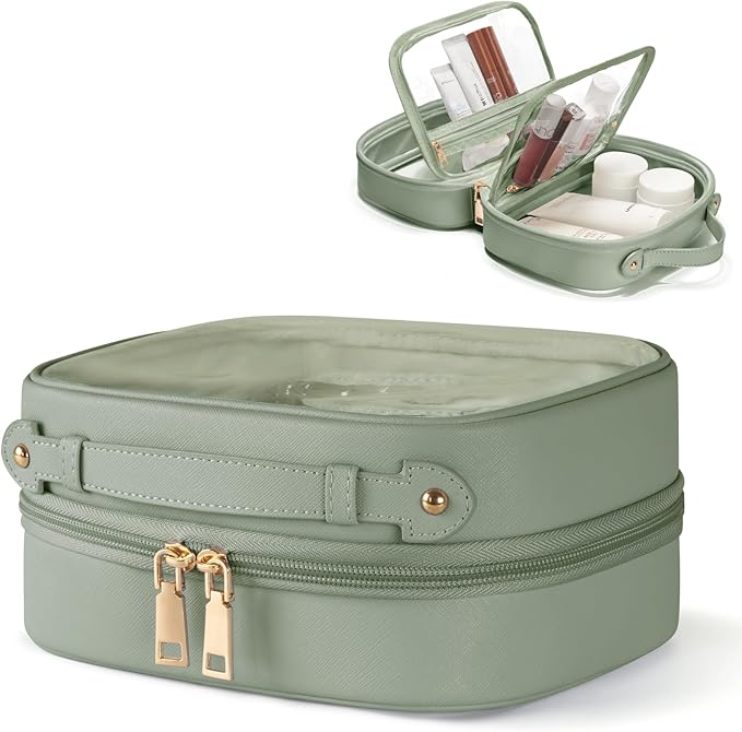 Clear Cosmetic Bag Double Layer 4 Compartments Travel Toiletry Bag Clear Makeup Bag Case with Zipper Transparent Travel Bag for Toiletries, TSA Approved, Gift for Women Girls (Sage Green)