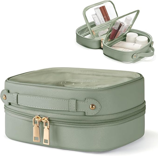 Clear Cosmetic Bag Double Layer 4 Compartments Travel Toiletry Bag Clear Makeup Bag Case with Zipper Transparent Travel Bag for Toiletries, TSA Approved, Gift for Women Girls (Sage Green)