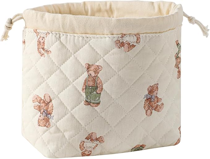 Cotton Quilted Drawstring Makeup Bag with Canvas Lining,Coquette Aesthetic Cute Travel Toiletry Bag,Drawstring Gift Bag for Women and Girls（04White Bear）