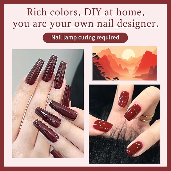 JR 9pcs 0.5oz Gel Nail Polish Kit Deep Red Burgundy, Wine, Crimson & Glitter Shades in Bow Bottles Gel Polish Kit Soak Off Gel Polish For Nail Salon Gift J