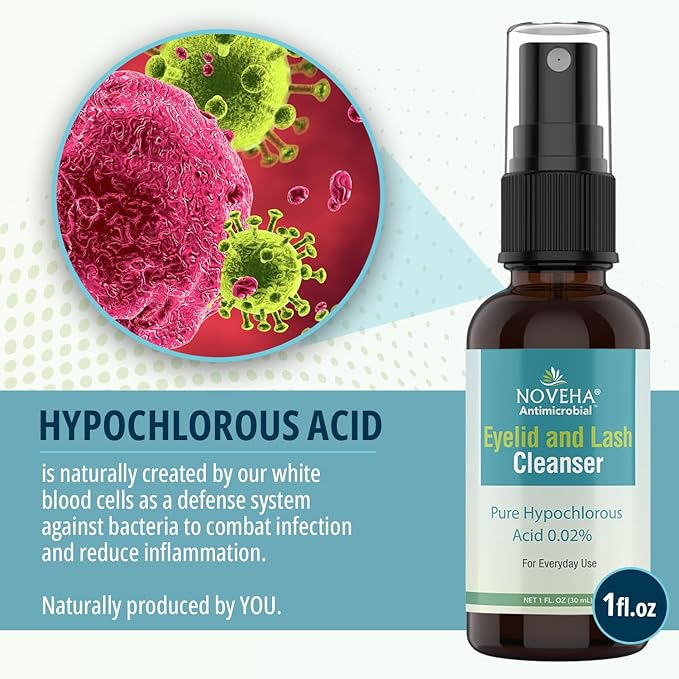 NOVEHA Eyelid and Lash Cleanser - Fast Acting Soothing Formula, Effective Relief from Irritation, Dry Eyes, Styes, Pure and Gentle Hypochlorous Acid Spray (1.01 Fl Oz (Pack of 1))