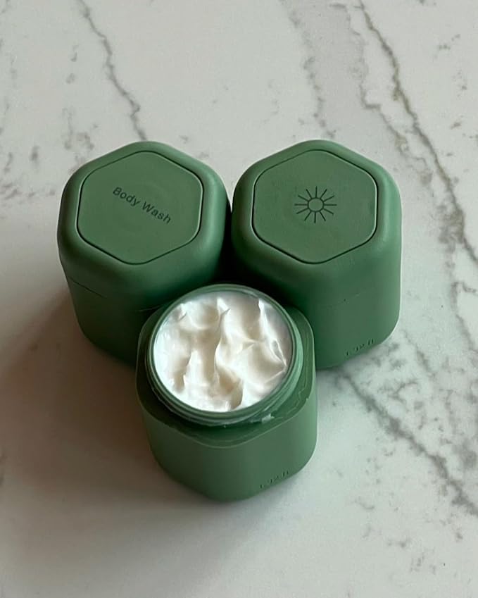 Cadence Travel Containers - Body Care Capsule Set - Magnetic Travel Capsules - For Body Wash, Lotions, Sunscreens - 3 Flex Mediums (1.32oz) with Body Wash, Lotion, & Sun Icon Labels - Pacific