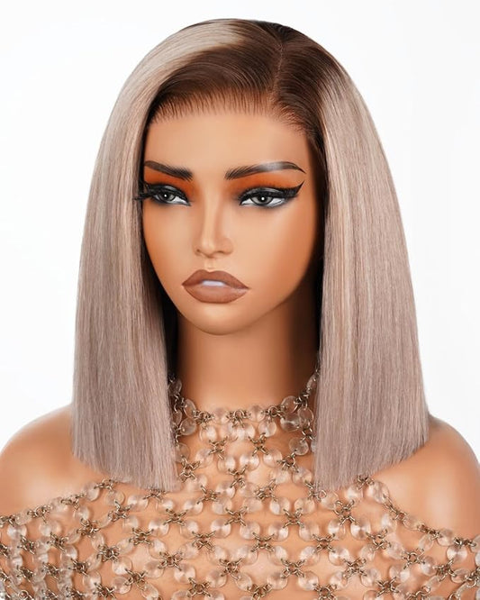 Arabella 20/Ash Blonde Bob Wig Human Hair 5x6 Wear and Go Glueless Wigs Human Hair 230% Density Ombre Straight Bob Wig Lace Front Wigs Pre Cut Lace Pre Bleached Knots(12inch, 5x6 Glueless Bob)