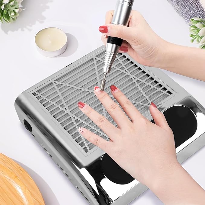 CoFashion Silver Nail Dust Collector & 2pcs Nail Dust Collector Filters-80w Nail Vacuum Dust Collector for Manicure, 2pcs Reusable Filter Replacement