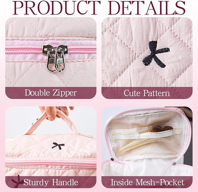 3Pcs Quilted Makeup Bag, Cute Floral Cotton Cosmetic Bag set, Coquette Bow Makeup Pouch Large Travel Toiletry Bag