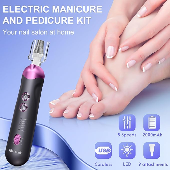 Professional Manicure Pedicure Nail File Kit: Eletorot 8 in 1 Electric Nail File Set, 5 Speeds Cordless Pedicure Tools for Feet Care, Rechargeable Toe Nail Grinder Cuticle, Gifts for Women Men Mom Dad