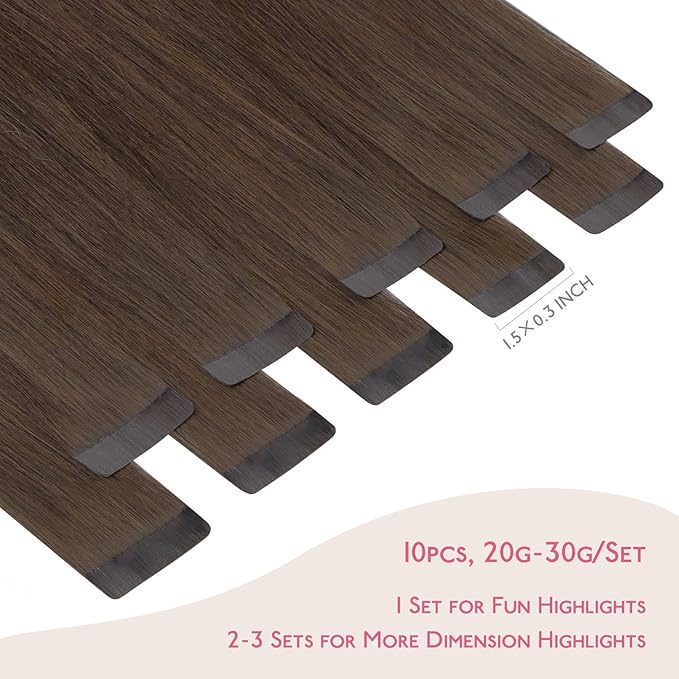 WENNALIFE Tape in Hair Extensions Human Hair Chocolate Brown Tape in Extensions, 10pcs 20g 10 inch Remy Invisible Tape Ins Straight Soft Real Human Hair Tape in Extensions Refill Set Extensions
