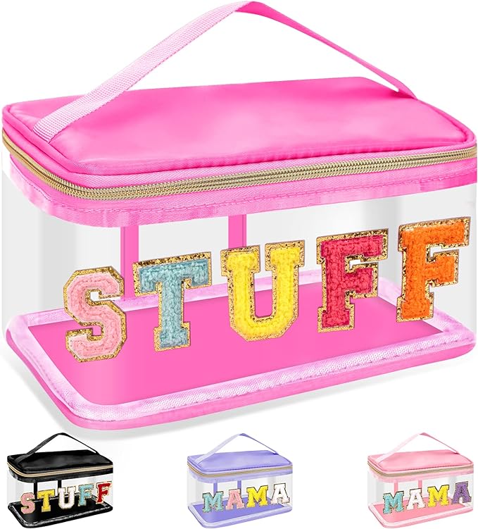 Chenille Letter Clear Makeup Bags Stuff Pouch, Preppy Patch Makeup Bag Zipper with Handle, Transparent PVC & Nylon Waterproof Glitter Cosmetic Handbag Travel Toiletry Storage for Women(STUFF-Rose)