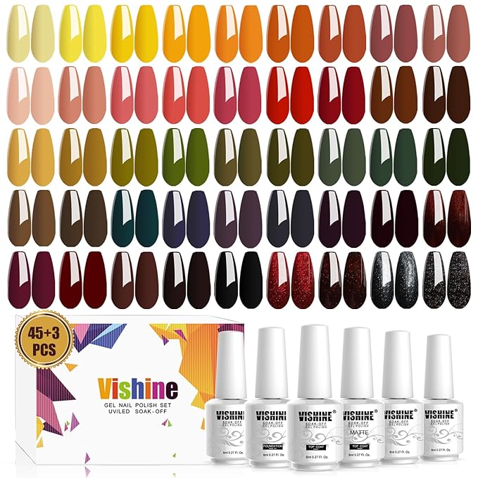 Vishine 48PCS Gel Nail Polish Kit with UV Light include 45 Colors Gel Polish Nail Kit Soak Off Base Coat No Wipe Top Coat Matte Top Coat Nail Polish Set Manicure Tools Nail Lamp Nail Gel Kit for Women