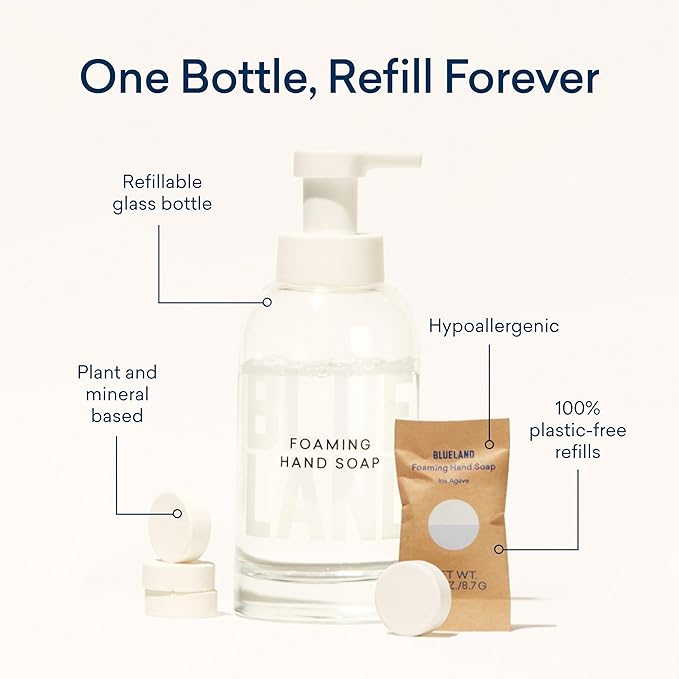 BLUELAND Hand Soap Starter Set, 1 Refillable Glass Foaming Hand Soap Dispenser with 4 Refill Tablets, Variety Scents, 4 x 9 Fl oz