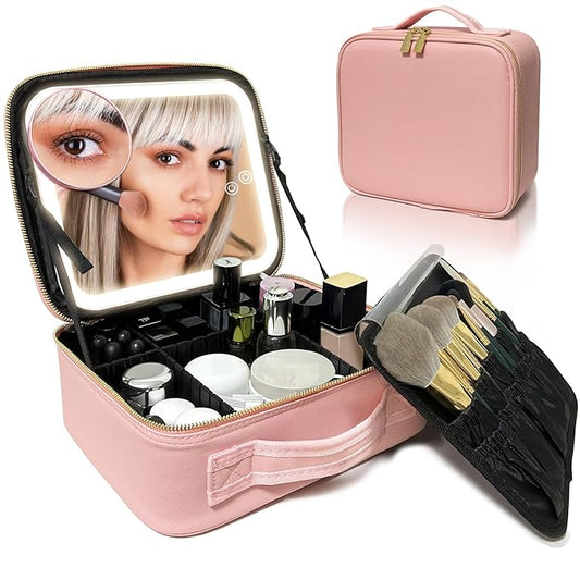 YUSONG Travel Makeup Bag With LED Lighted Mirror, Train Case With Adjustable Dividers and Detachable 10x Magnifying Mirror