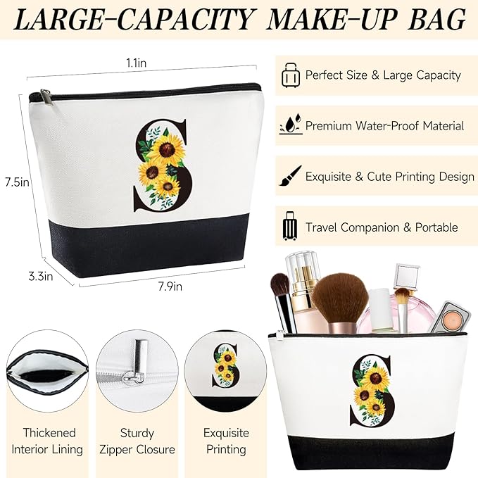 Personalized Sunflower Birthday Gifts for Women - Monogrammed Canvas Tote Bag, Makeup Bag & Glass Cup Set