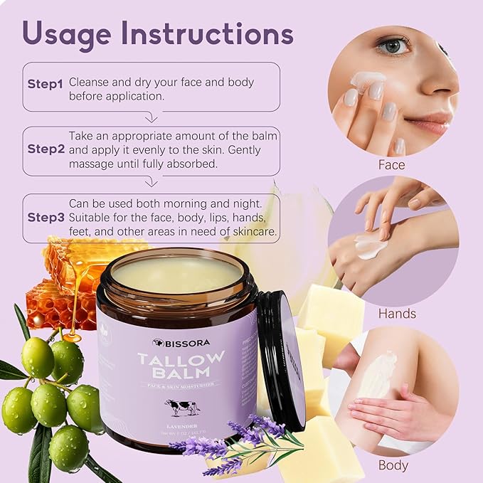 Beef Tallow for Skin, Organic Grass-Fed Beef Tallow Balm with Raw Honey & Jojoba Oil - Whipped Moisturizer for Face & Body - All-Natural Skin Care for Soft, Hydrated Skin (5 OZ, Lavender)