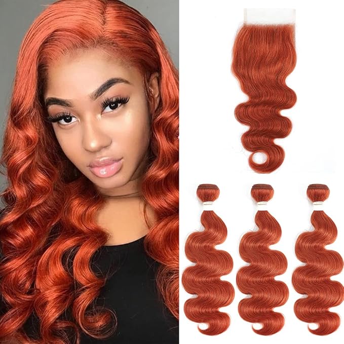 REMY HAIR Human Hair Bundles with Closure Body Wave #350 Ginger Orange Brazilian Human Hair Bundles Curly Wave Hair Extensions 16 18 20 Inch with Closure 14